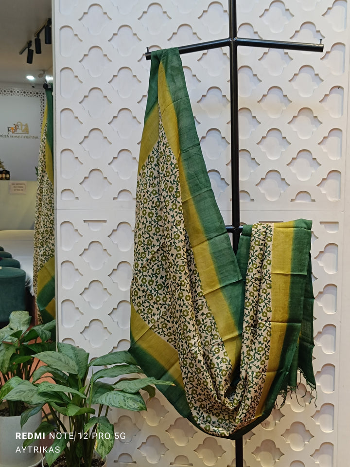 Harit Pushpa Handblock Printed Tussar Dupatta