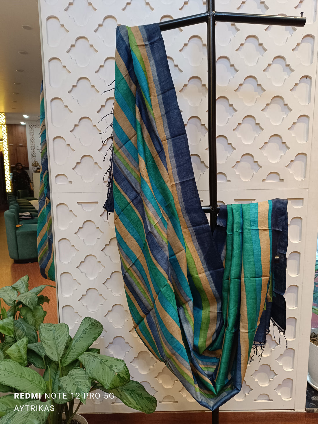 Handwoven Pure Tussar Silk Striped Dupatta – Ocean Breeze