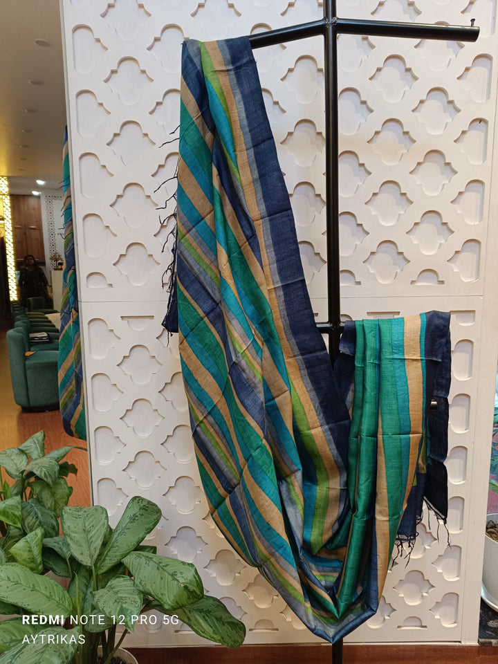Handwoven Pure Tussar Silk Striped Dupatta – Ocean Breeze