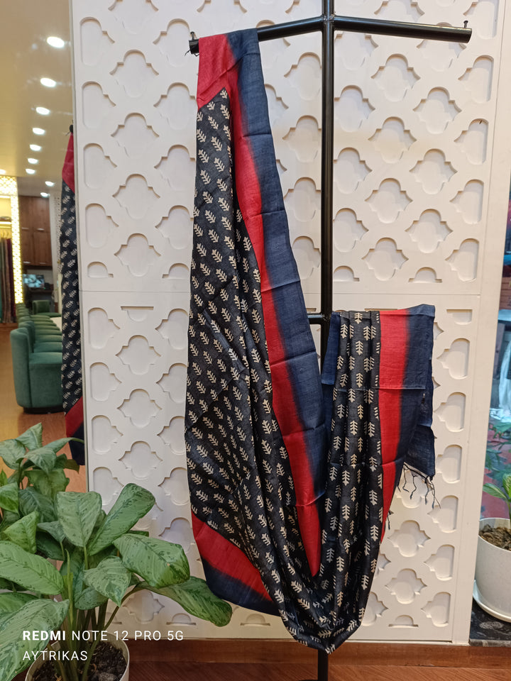 Handblock Printed Pure Tussar Silk Dupatta – Midnight Leaf