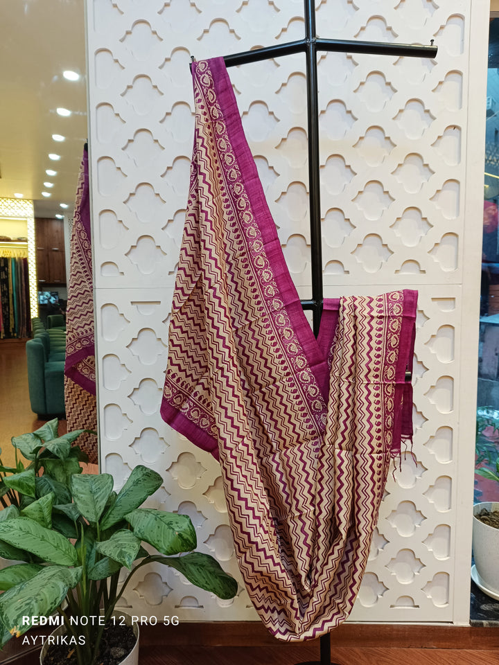 Handblock Printed Pure Tussar Silk Dupatta – Royal Magenta Chevron