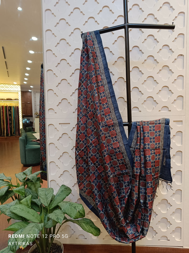 Indigo Rust Ajrakh Gacchi Tussar Dupatta