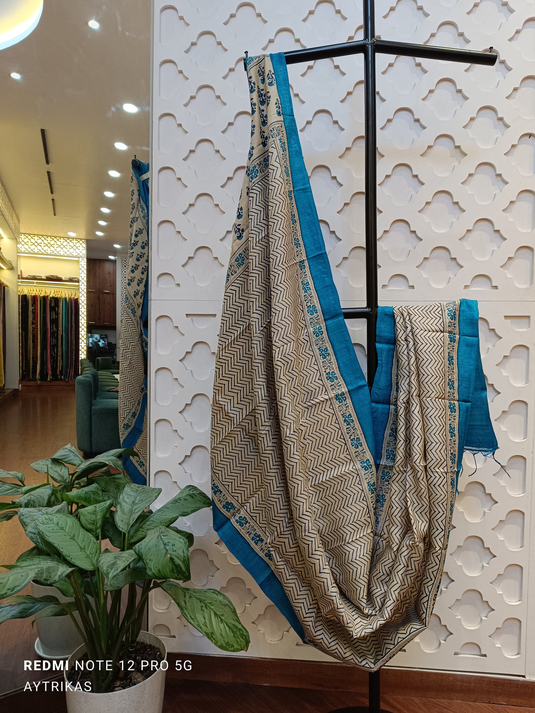 Azure Chevron Handblock Tussar Dupatta