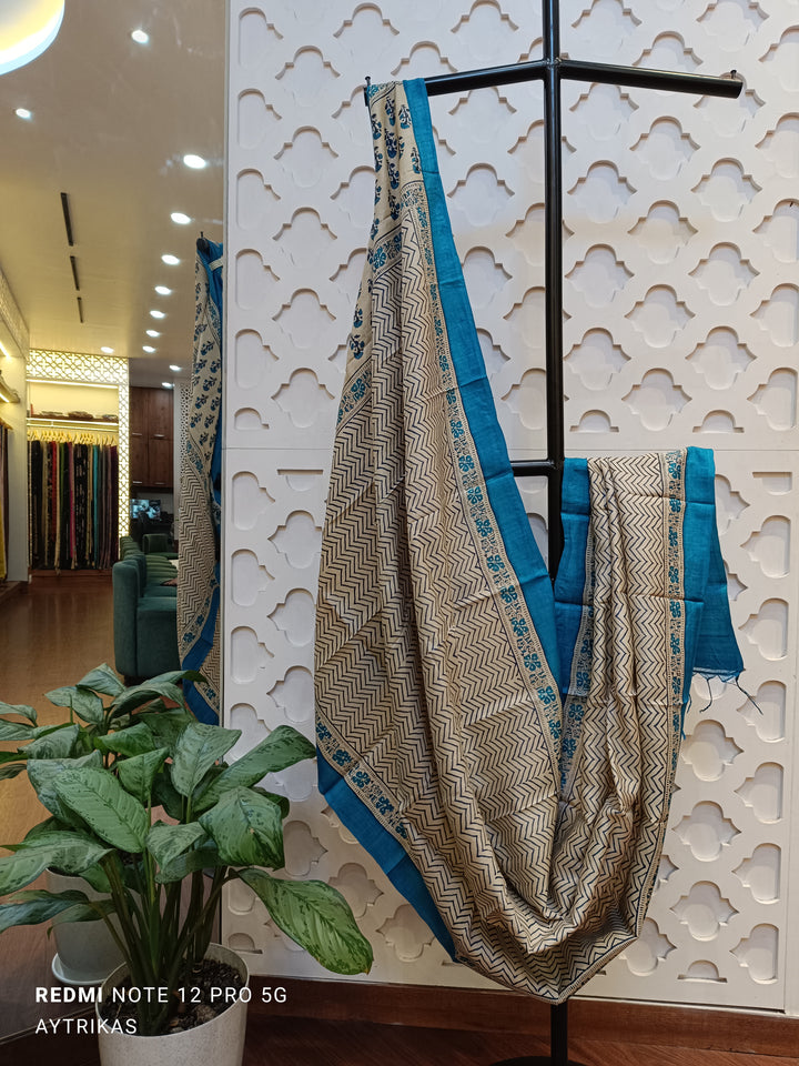Azure Chevron Handblock Tussar Dupatta