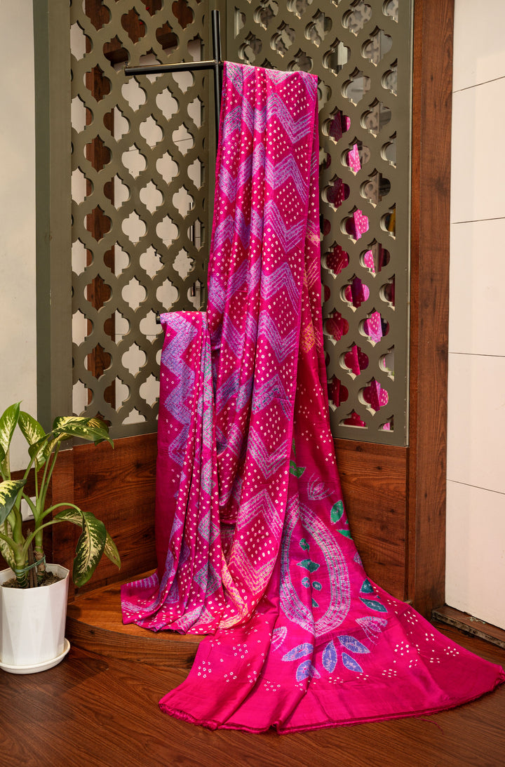 Pink Pure Katan Silk Shibori Bandhej Saree