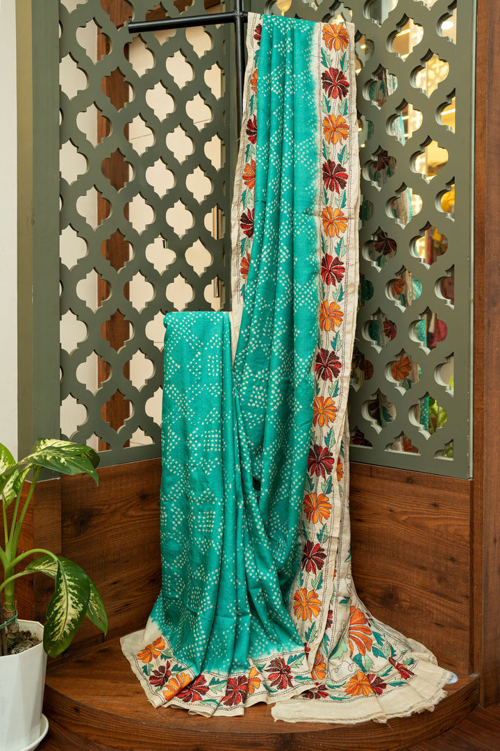 Turquoise Bandhej Kantha Tussar Saree