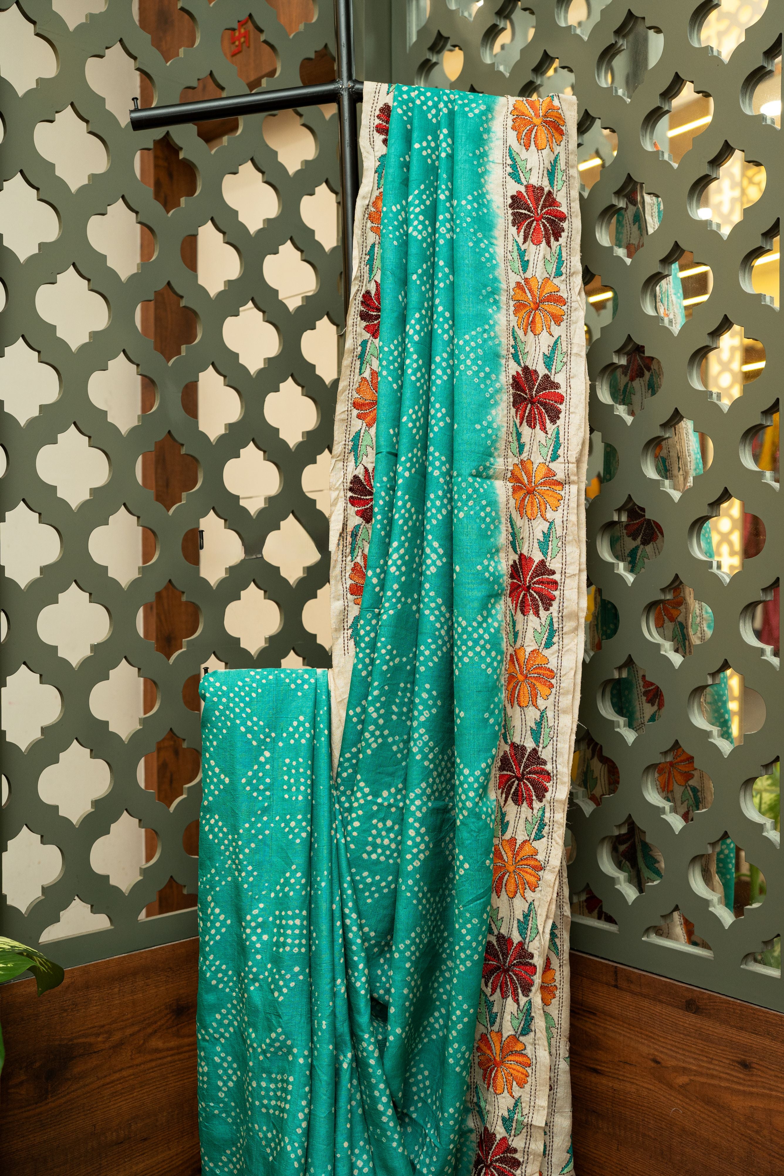 Turquoise Bandhej Kantha Tussar Saree