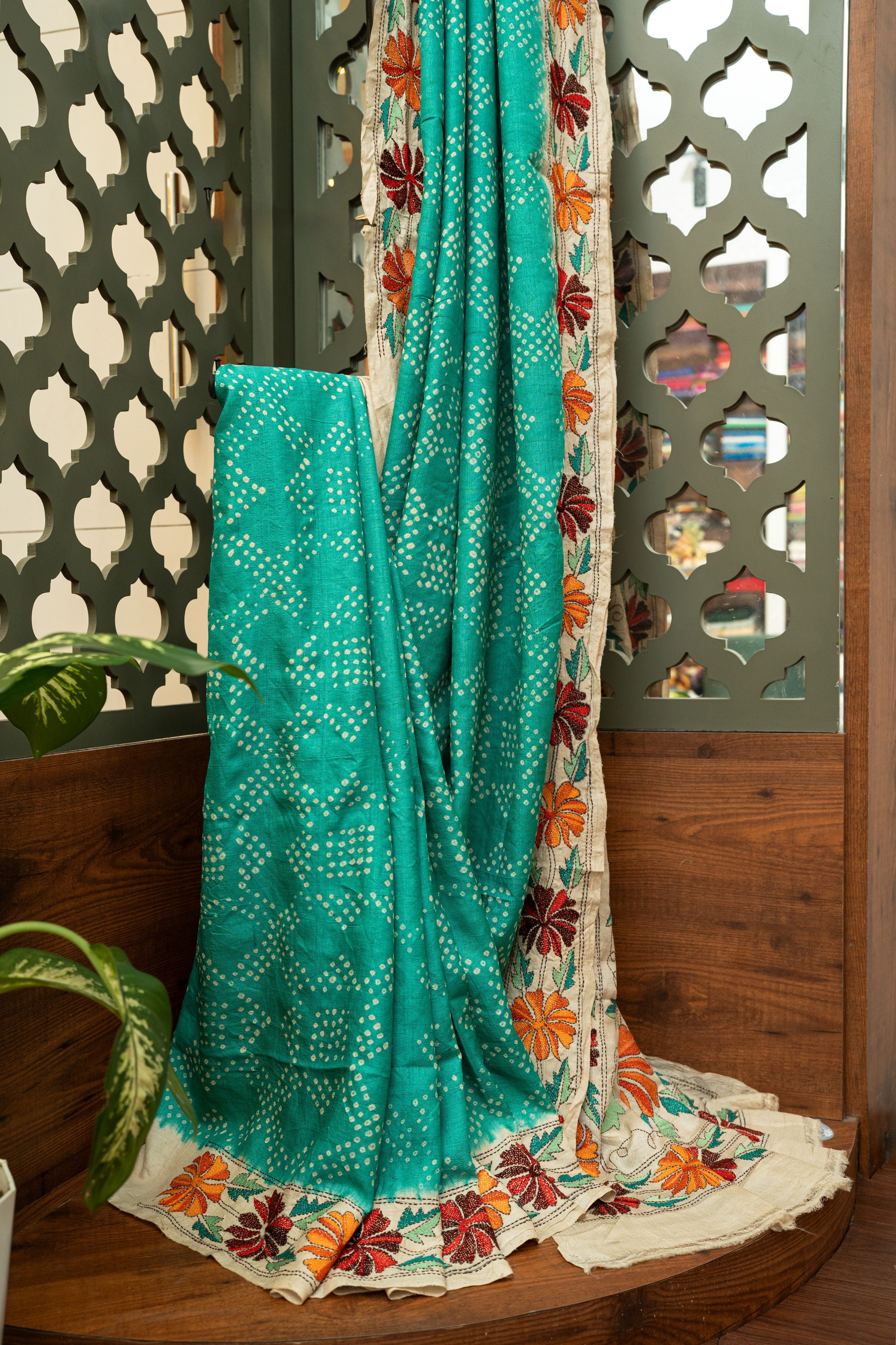 Turquoise Bandhej Kantha Tussar Saree
