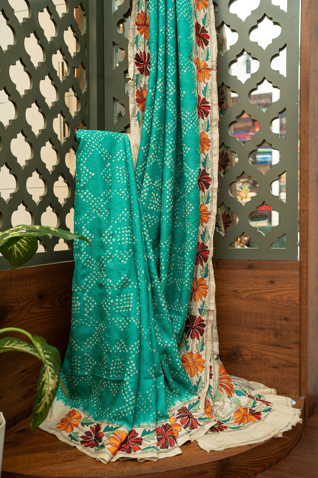 Turquoise Bandhej Kantha Tussar Saree