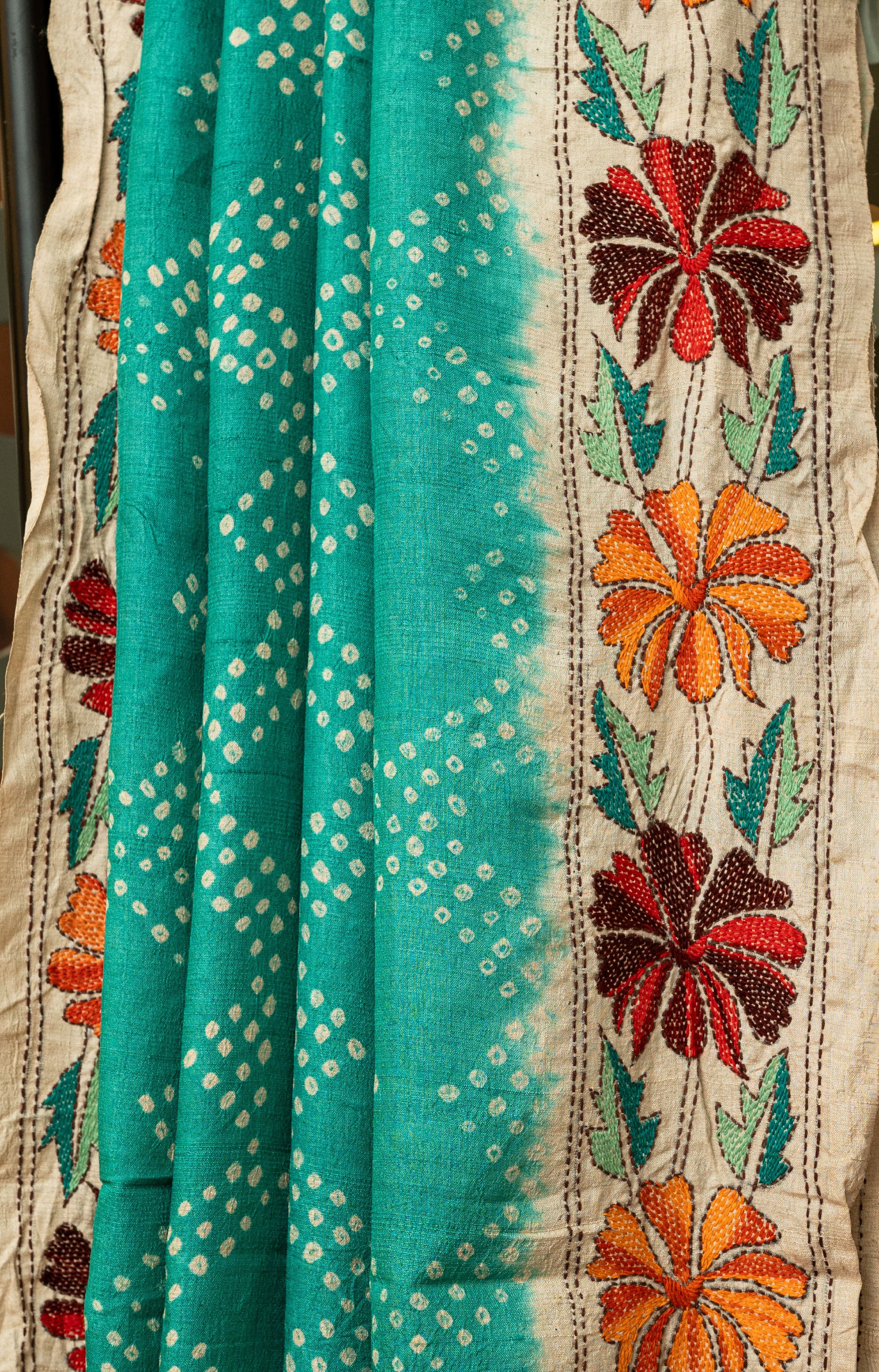 Turquoise Bandhej Kantha Tussar Saree