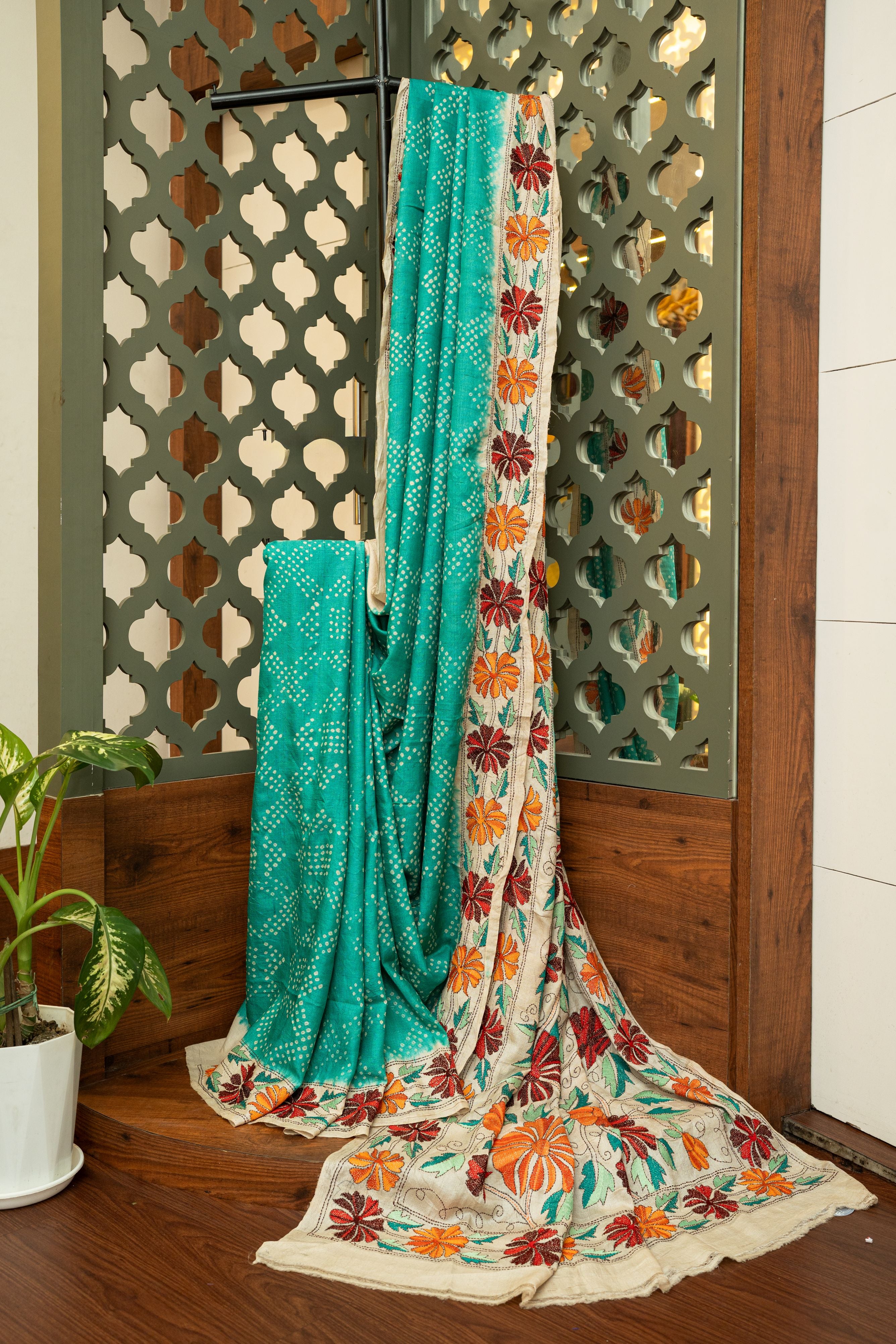 Turquoise Bandhej Kantha Tussar Saree
