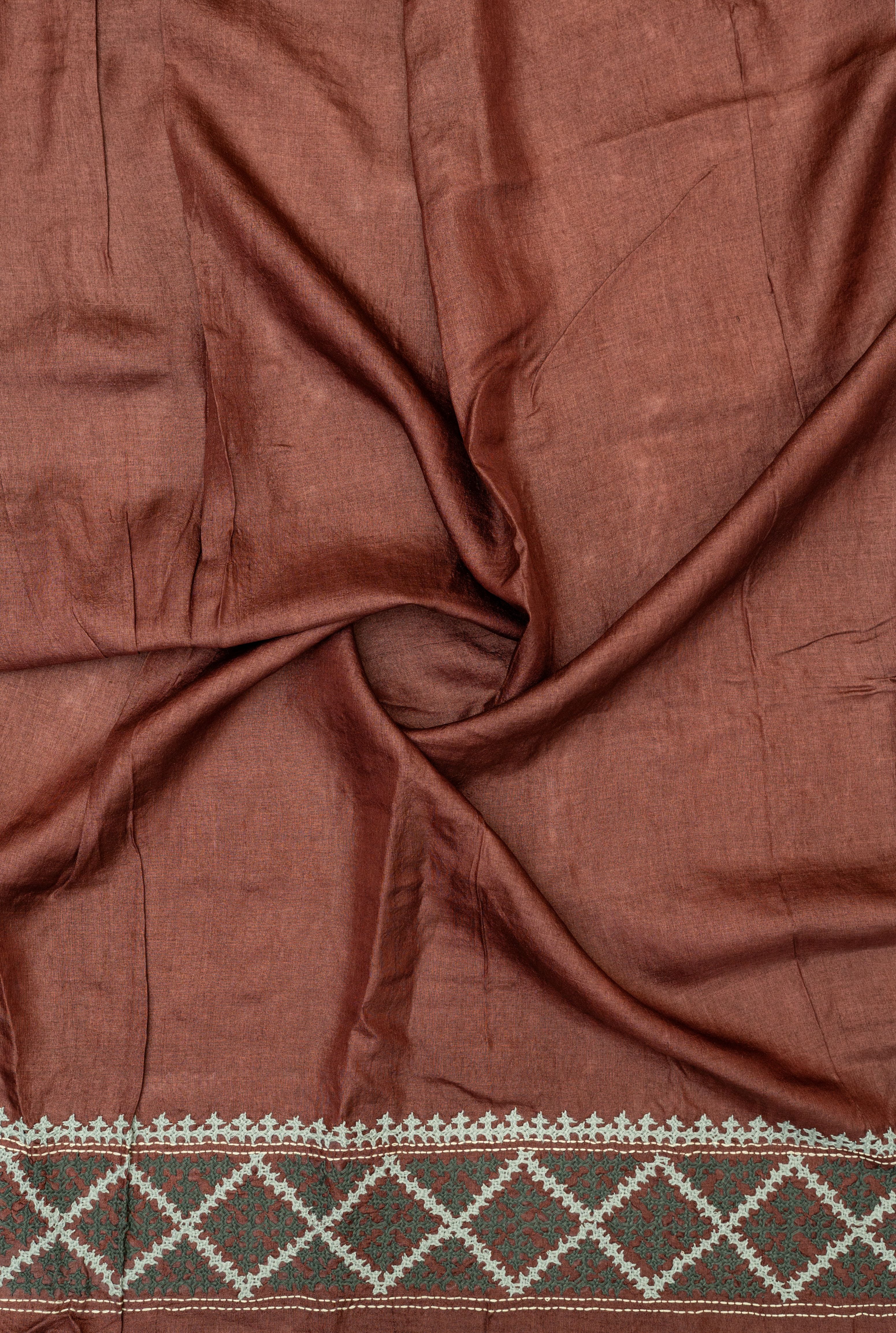 Mocha Marble Kutch Handwork Tussar Saree