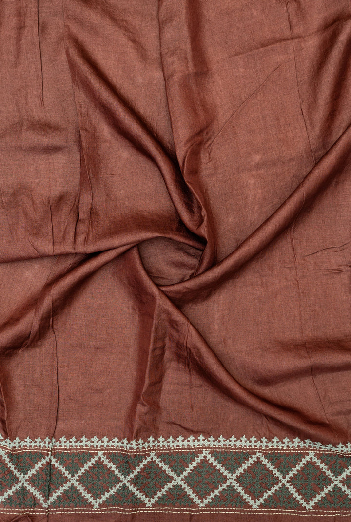 Mocha Marble Kutch Handwork Tussar Saree