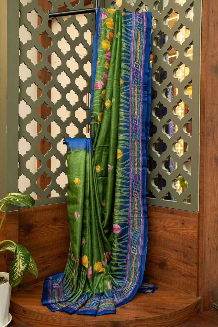 Emerald Bloom Kantha Gacchi Tussar Saree