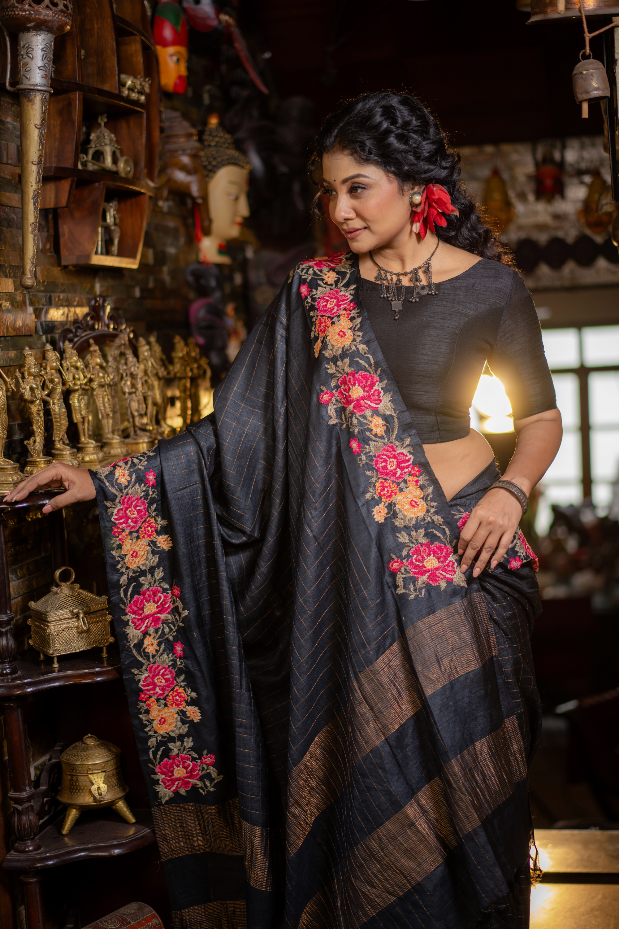 Midnight Bloom: The Bold Contrast of Hand-Embroidered Tussar