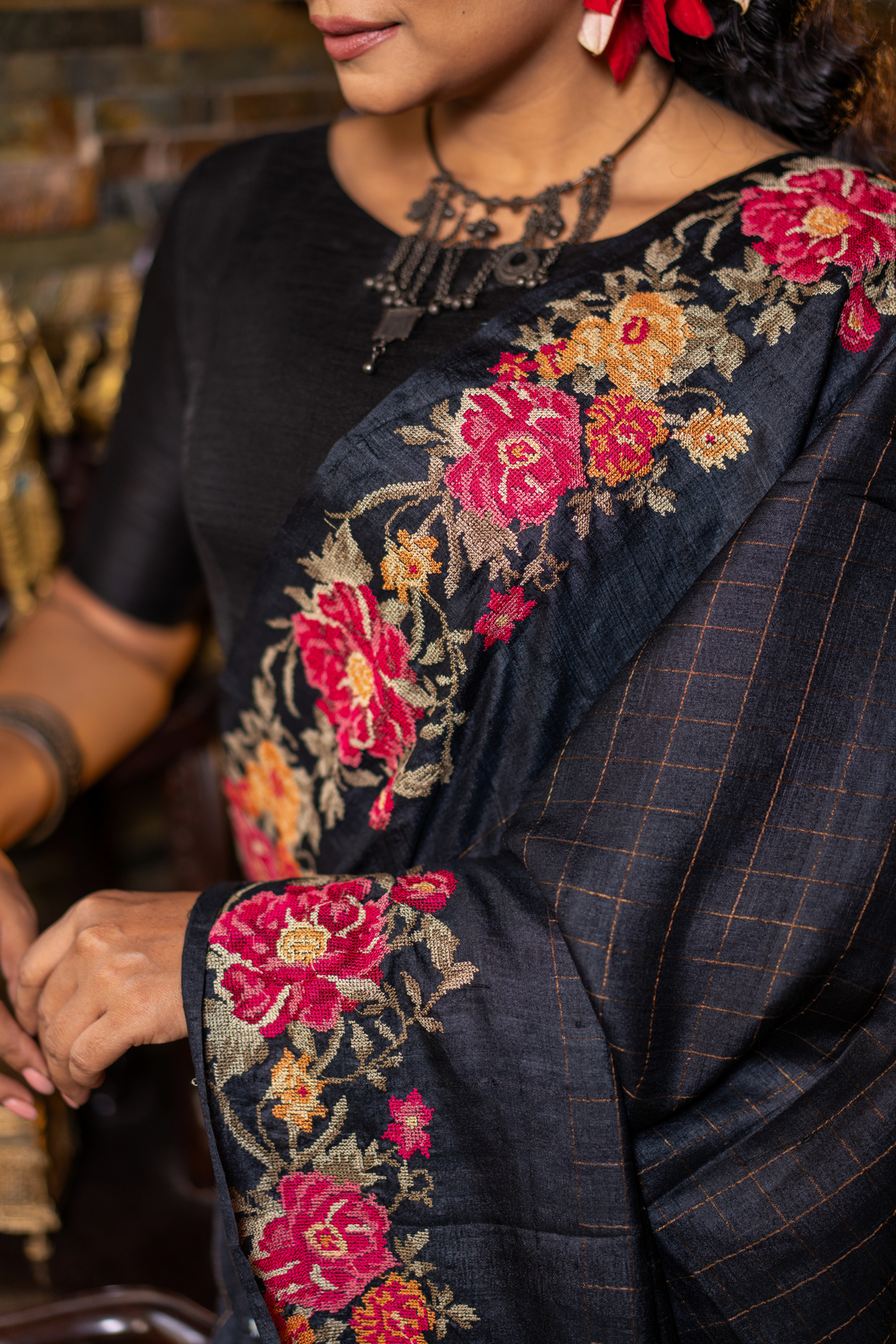 Midnight Bloom: The Bold Contrast of Hand-Embroidered Tussar
