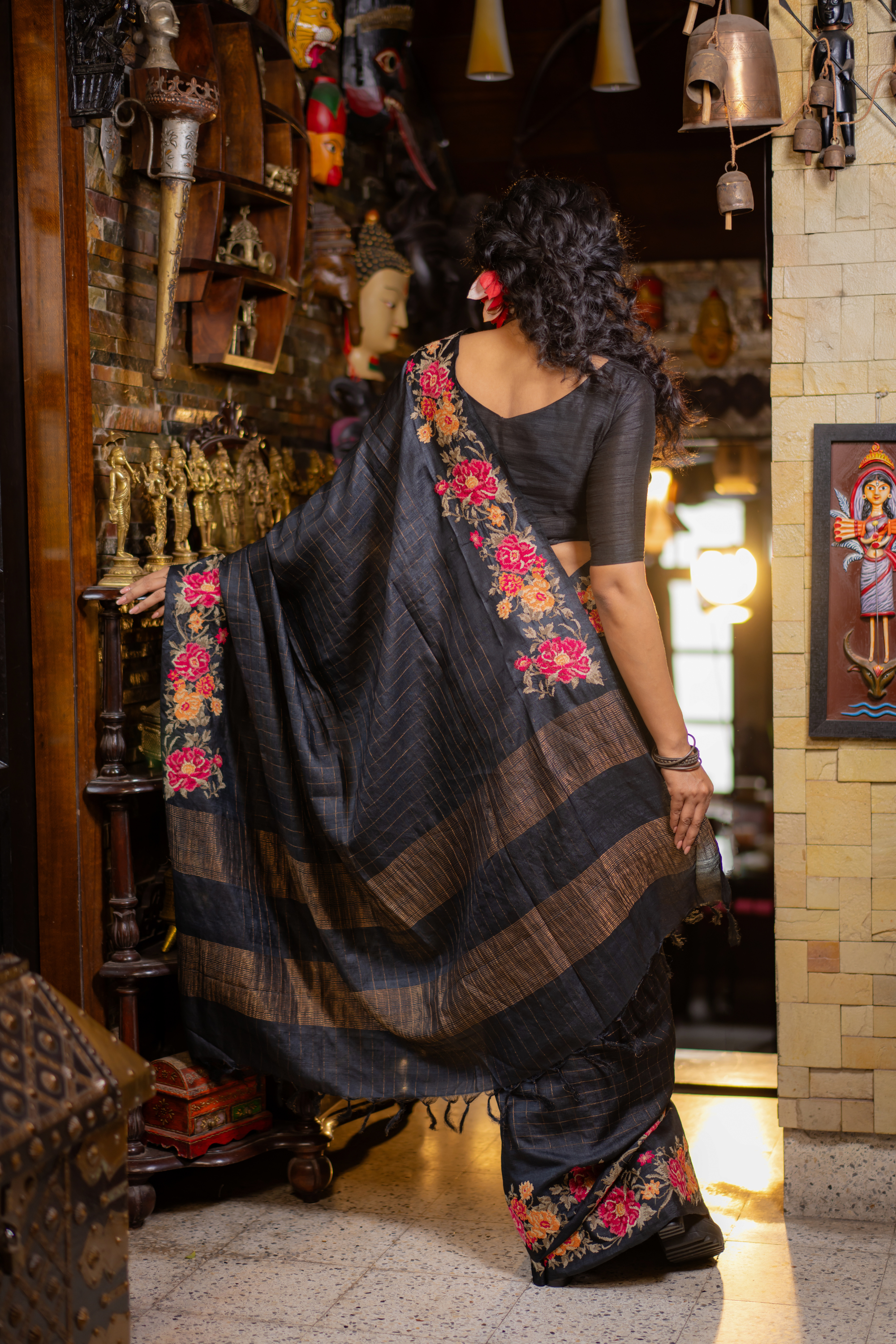Midnight Bloom: The Bold Contrast of Hand-Embroidered Tussar