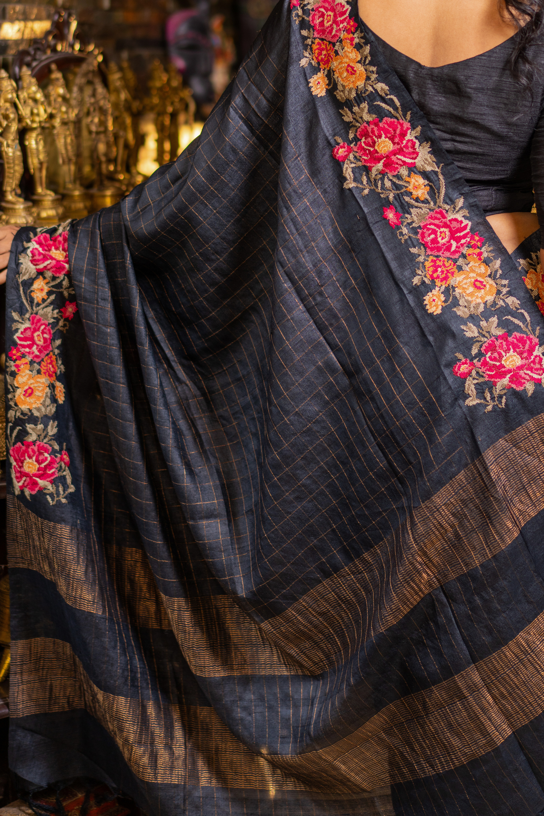 Midnight Bloom: The Bold Contrast of Hand-Embroidered Tussar
