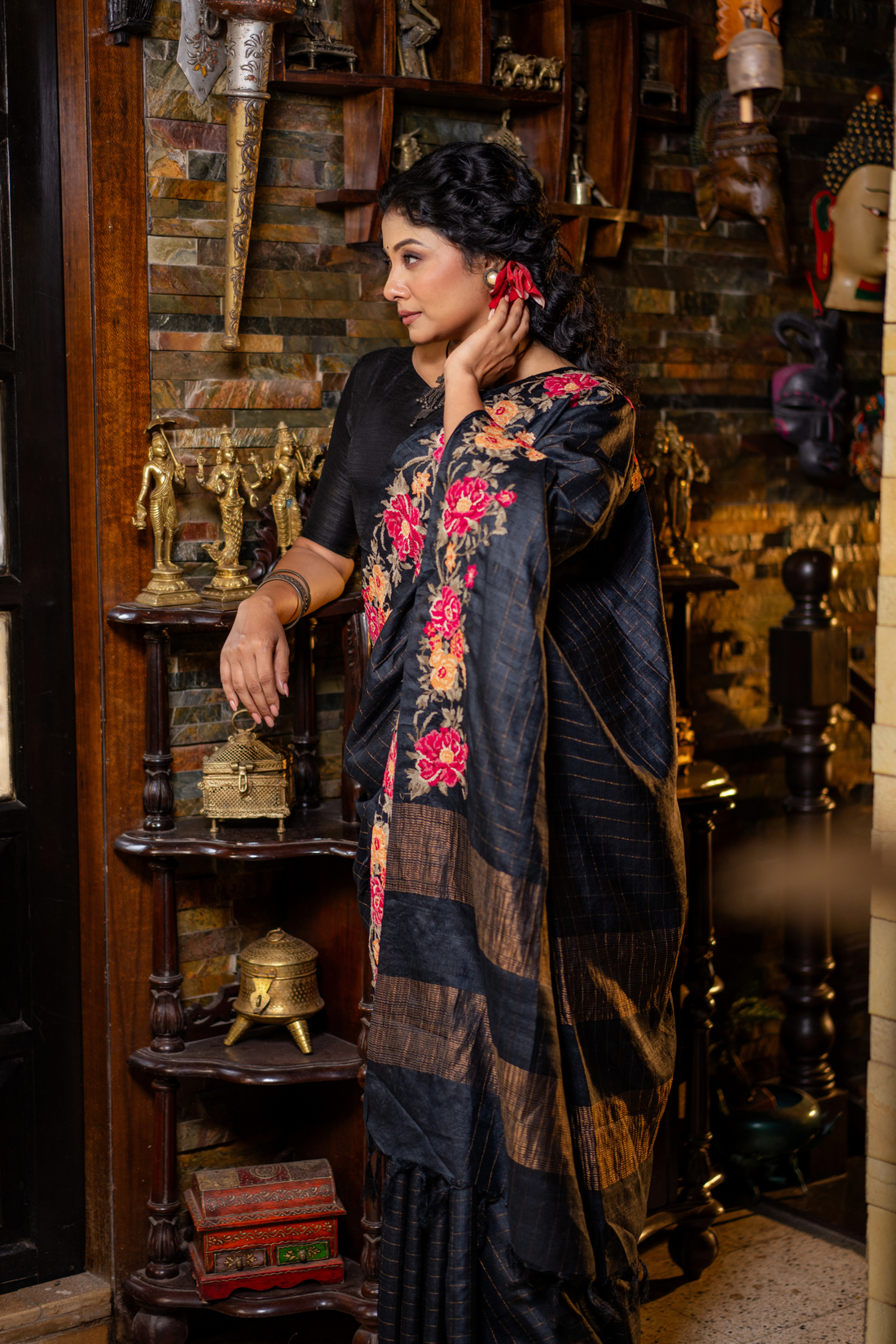 Midnight Bloom: The Bold Contrast of Hand-Embroidered Tussar