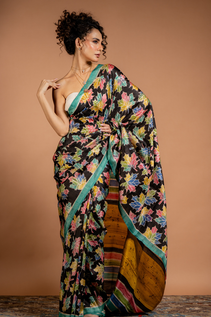 Midnight Maple Tussar Saree: The Artistry of Colour on Earthy Silk