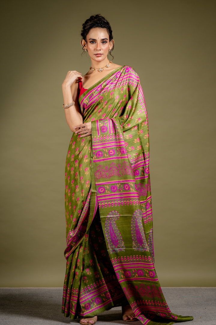 Olive Orchid Silk Saree: A Dance of Tradition in Jewel Tones