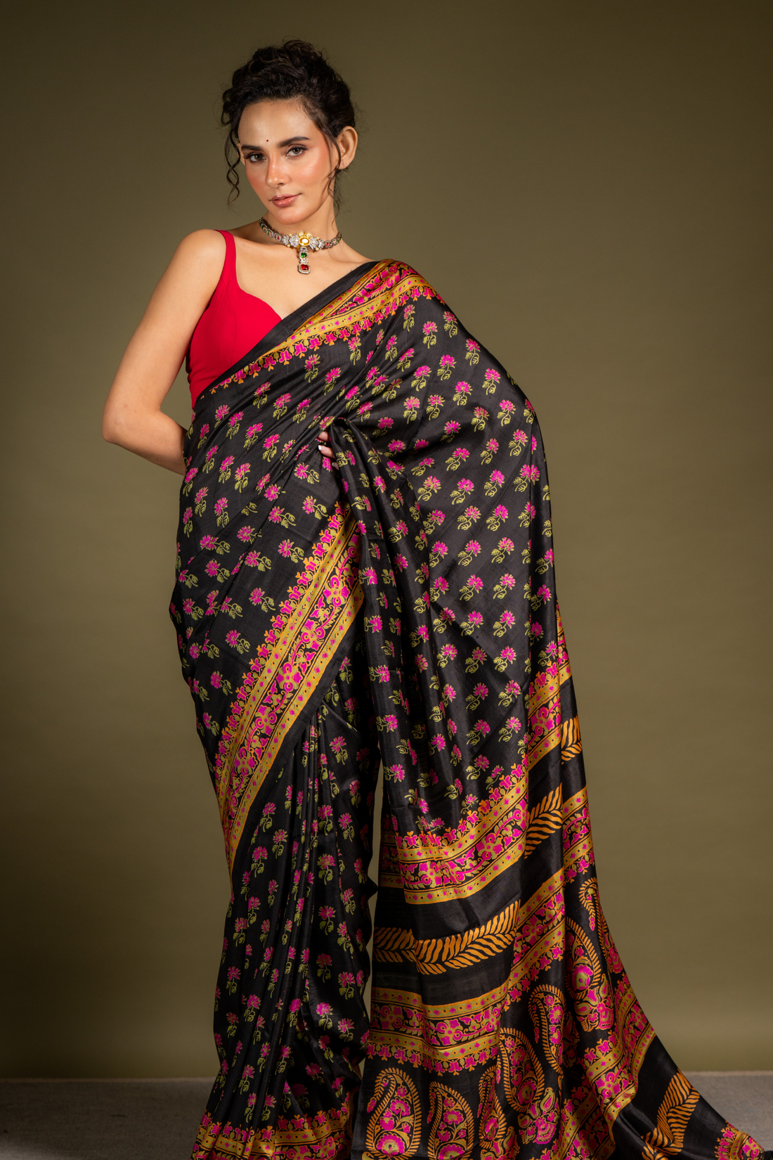 Noir Blossom Silk Saree: The Night Garden of Timeless Elegance