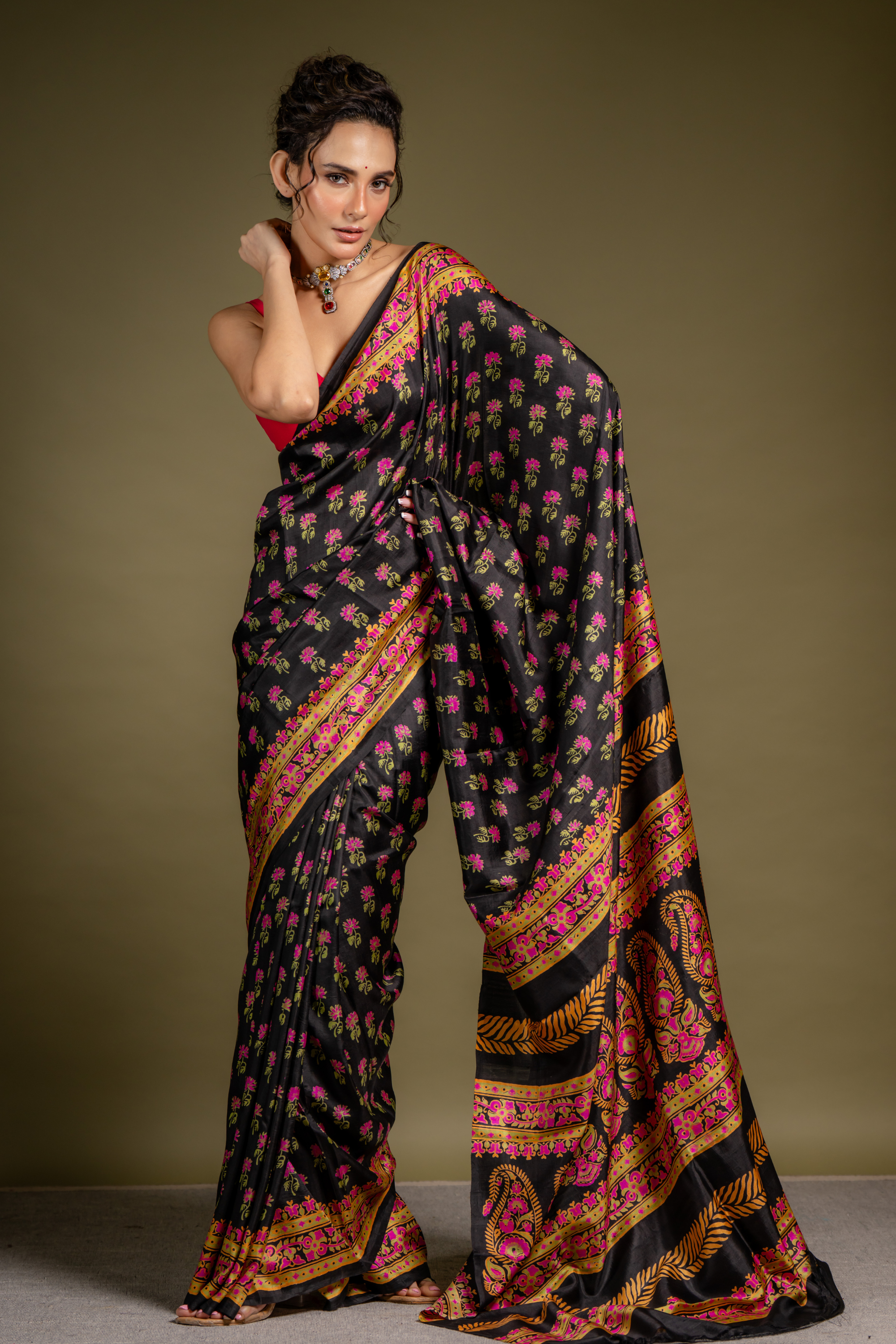Noir Blossom Silk Saree: The Night Garden of Timeless Elegance