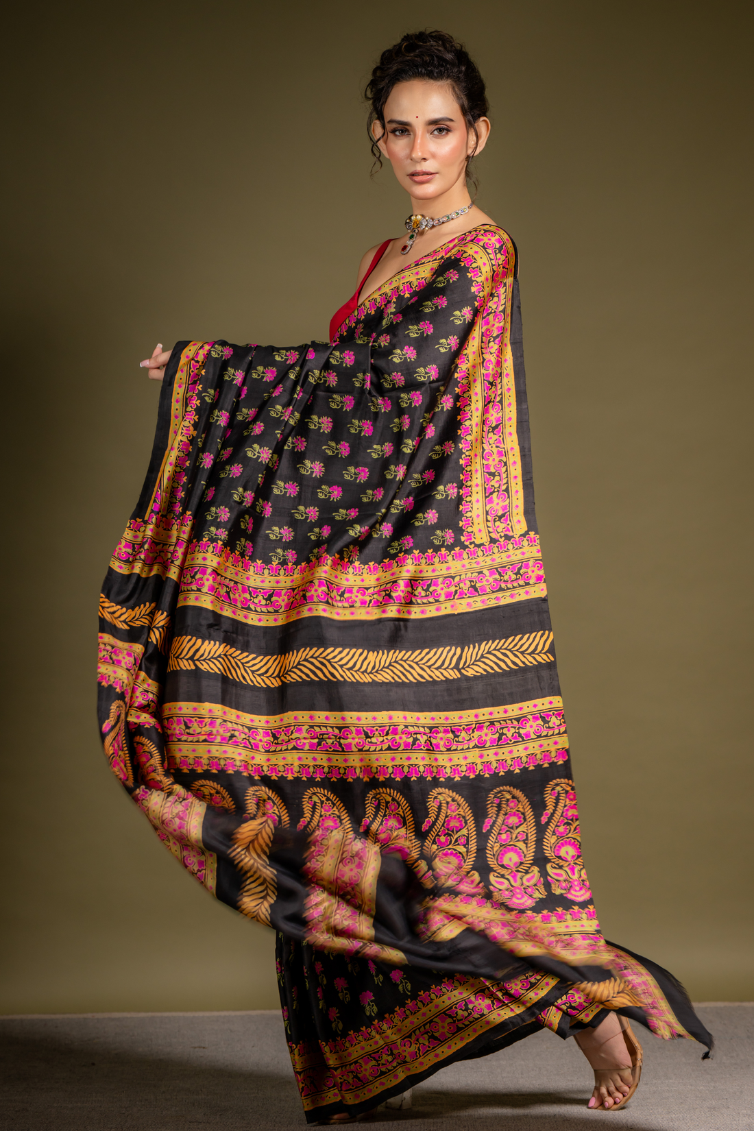 Noir Blossom Silk Saree: The Night Garden of Timeless Elegance