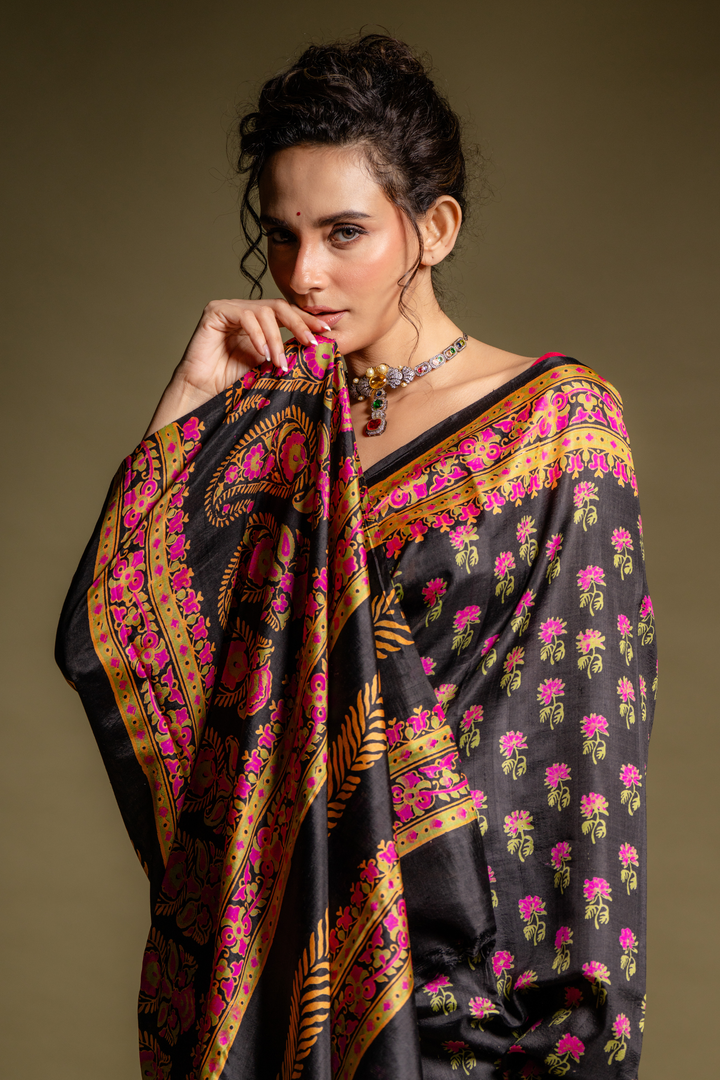 Noir Blossom Silk Saree: The Night Garden of Timeless Elegance