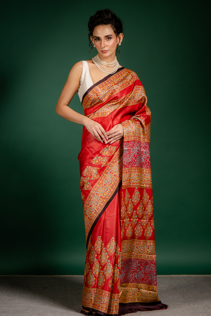 Crimson Heritage Tussar Saree: A Regal Tapestry of Tradition