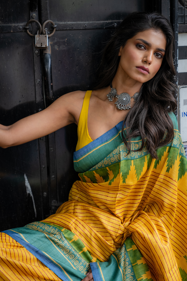 Saffron Horizon Hand Block Print Saree: Sunlit Tradition