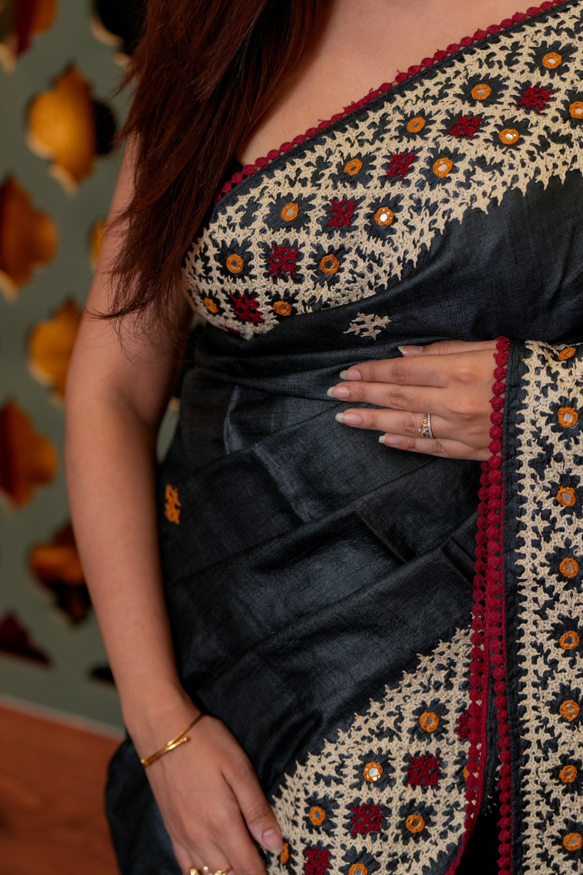 Ebony Dreams: Artisan Embroidery on Textured Tussar Silk