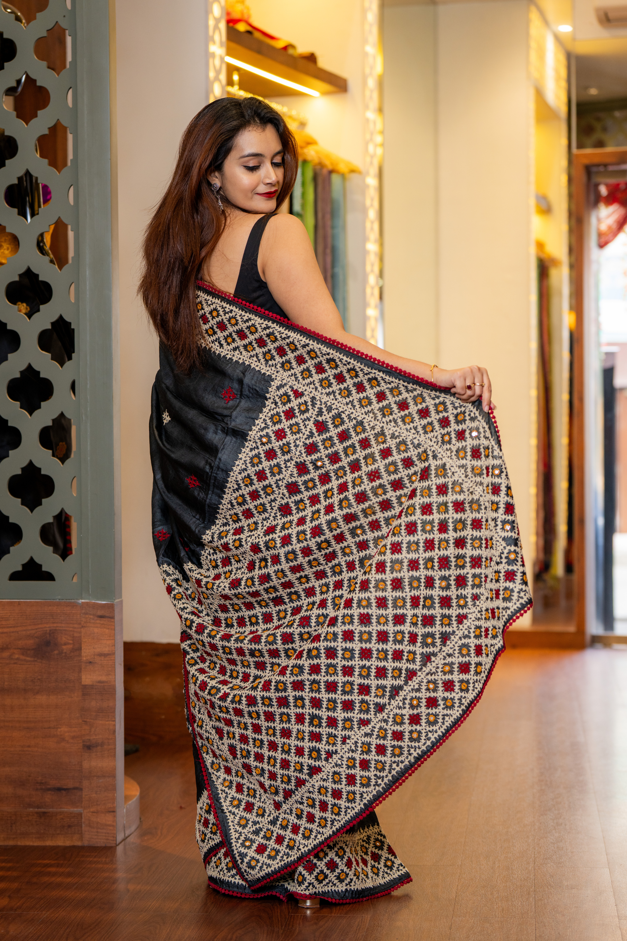 Ebony Dreams: Artisan Embroidery on Textured Tussar Silk