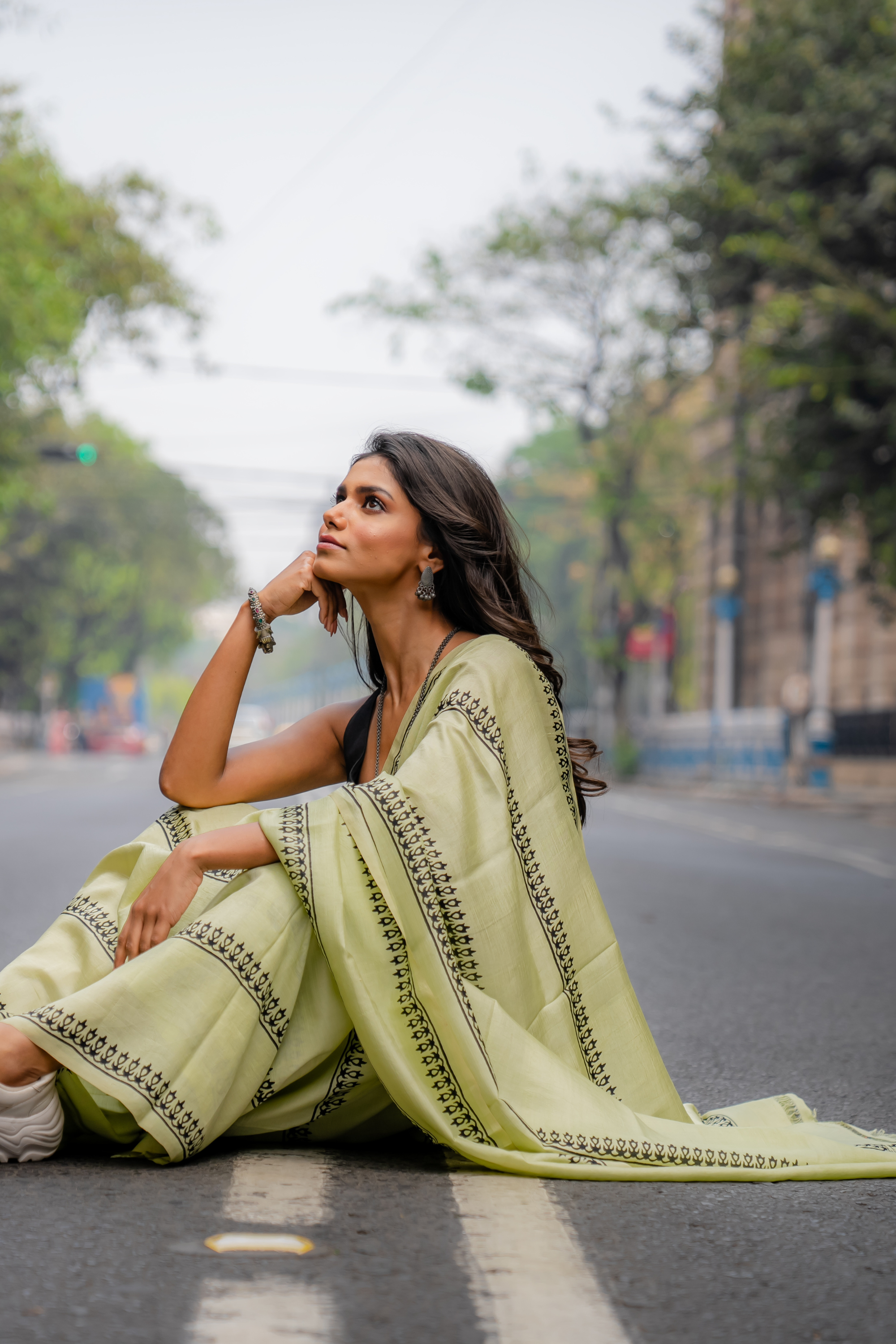 Pistachio Linear Hand Block Print Saree: A Symphony of Minimalist Charm