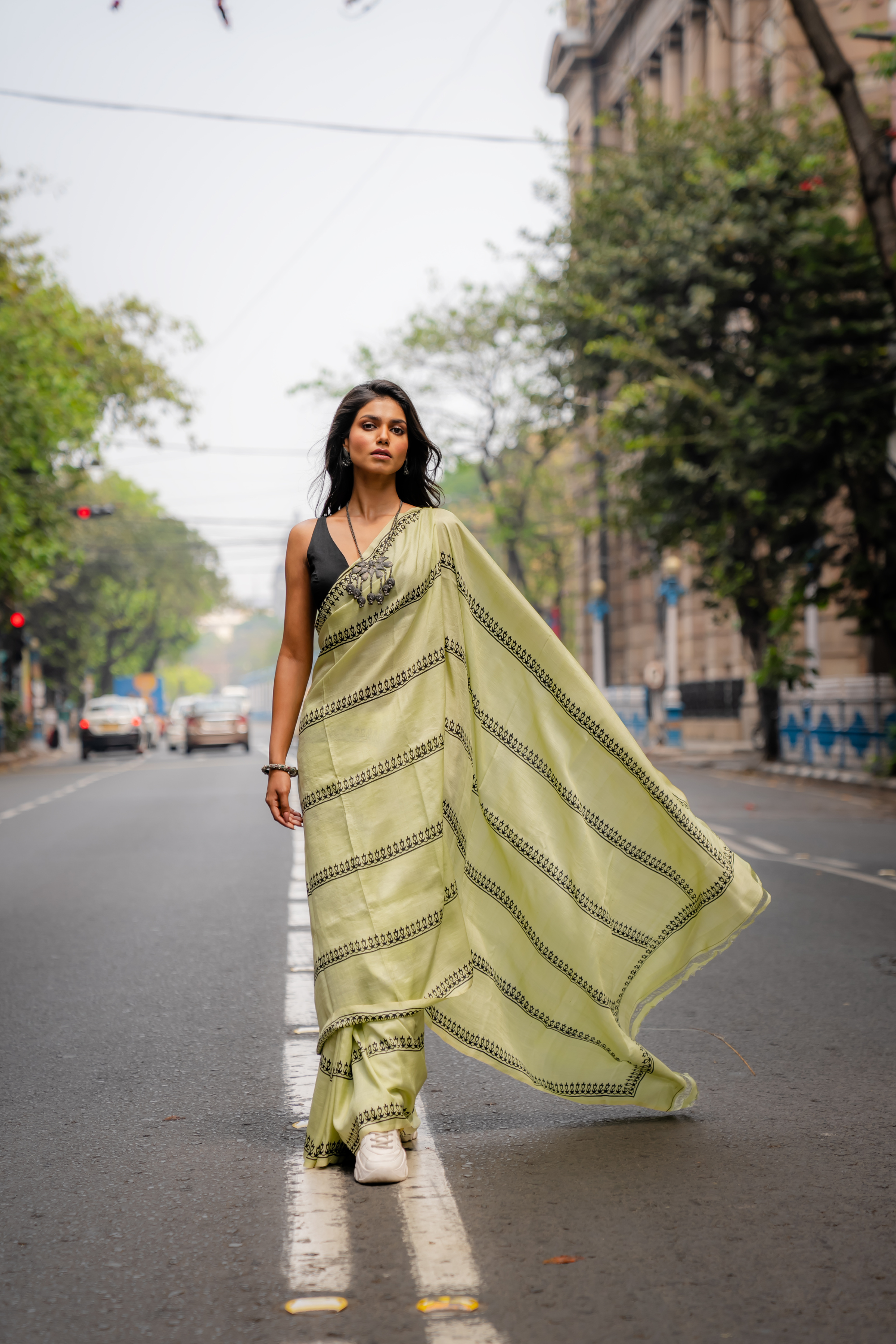 Pistachio Linear Hand Block Print Saree: A Symphony of Minimalist Charm