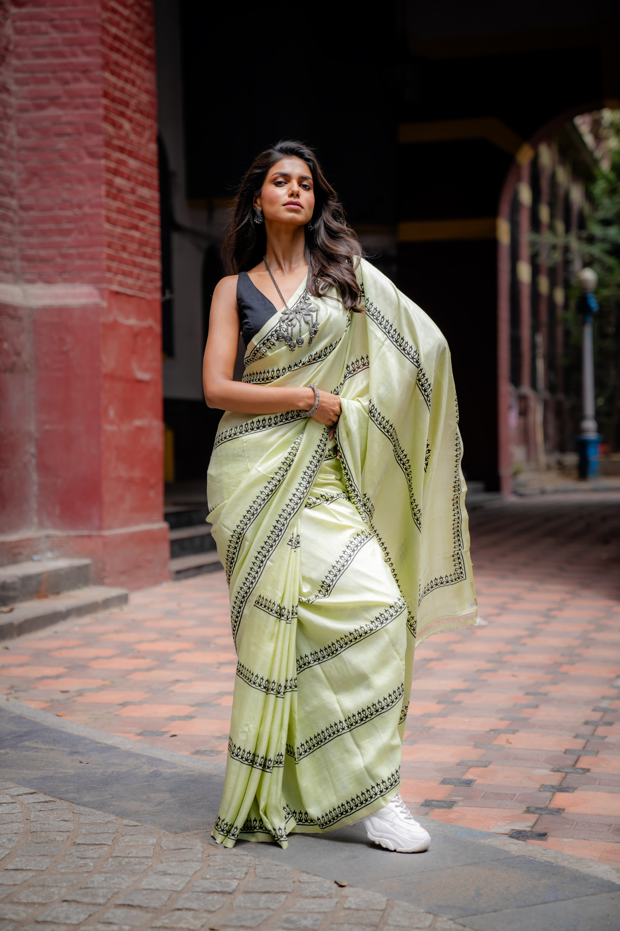 Pistachio Linear Hand Block Print Saree: A Symphony of Minimalist Charm