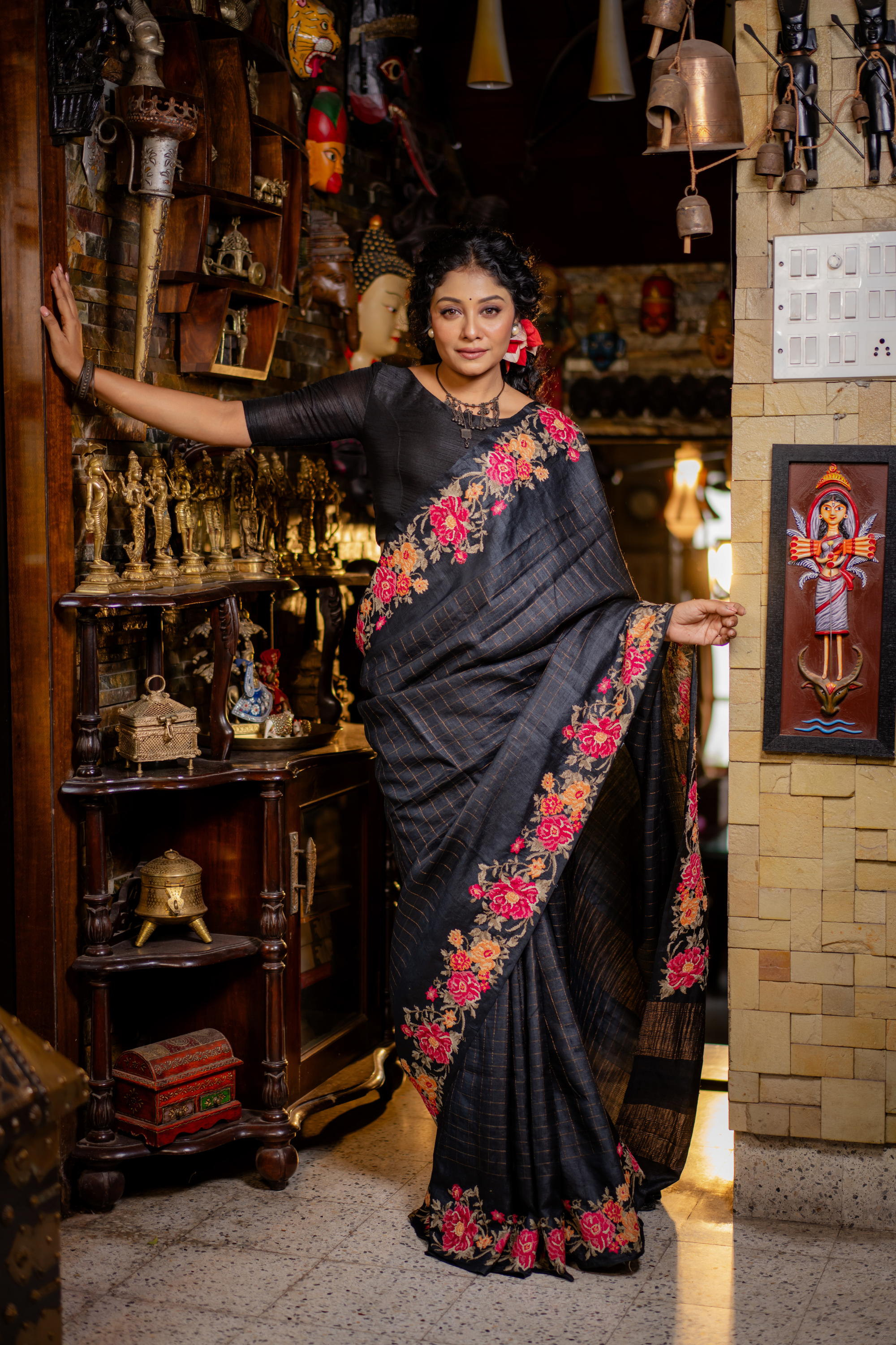 Midnight Bloom: The Bold Contrast of Hand-Embroidered Tussar