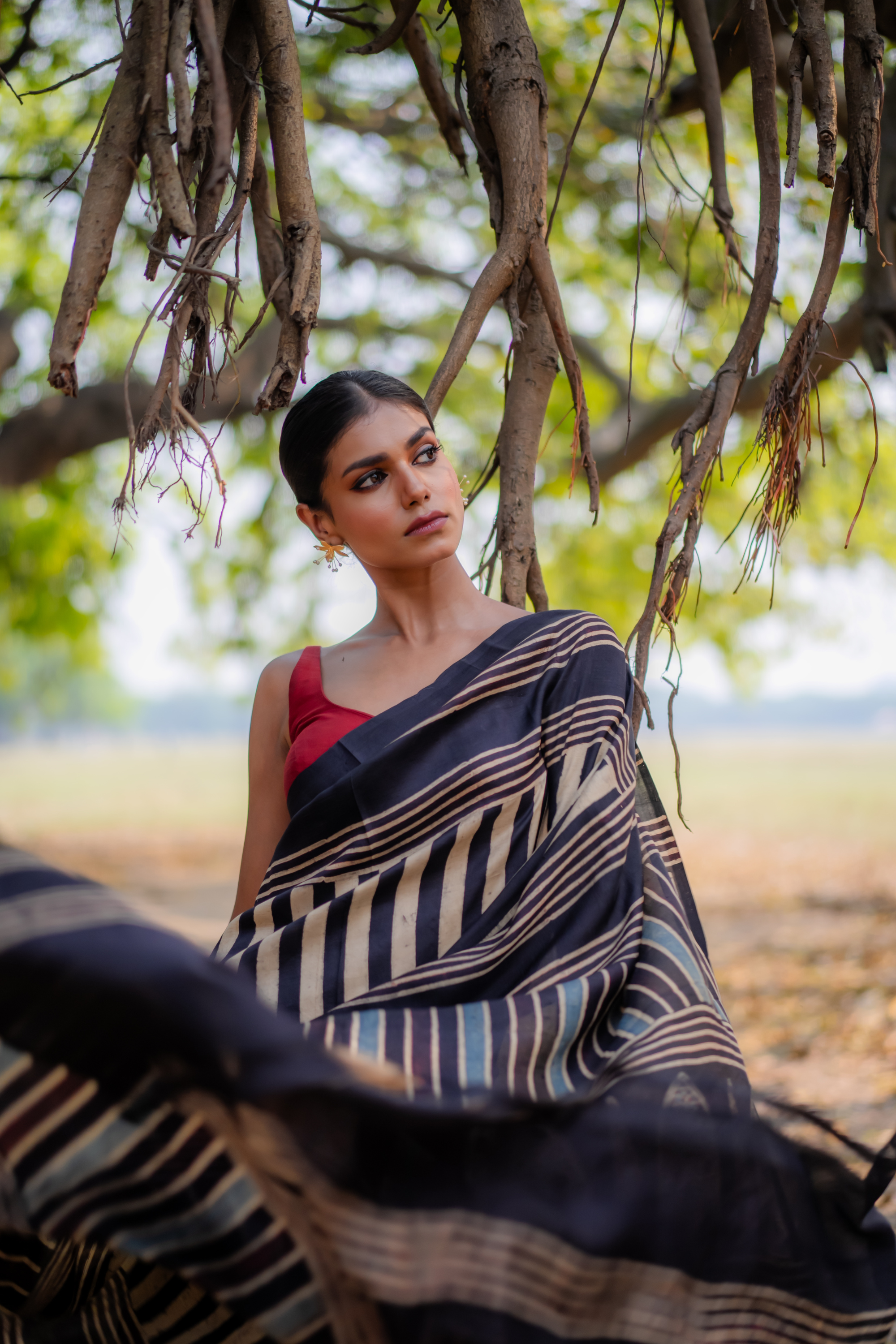 Midnight Stripe Hand Block Print Saree: A Study in Linear Sophistication