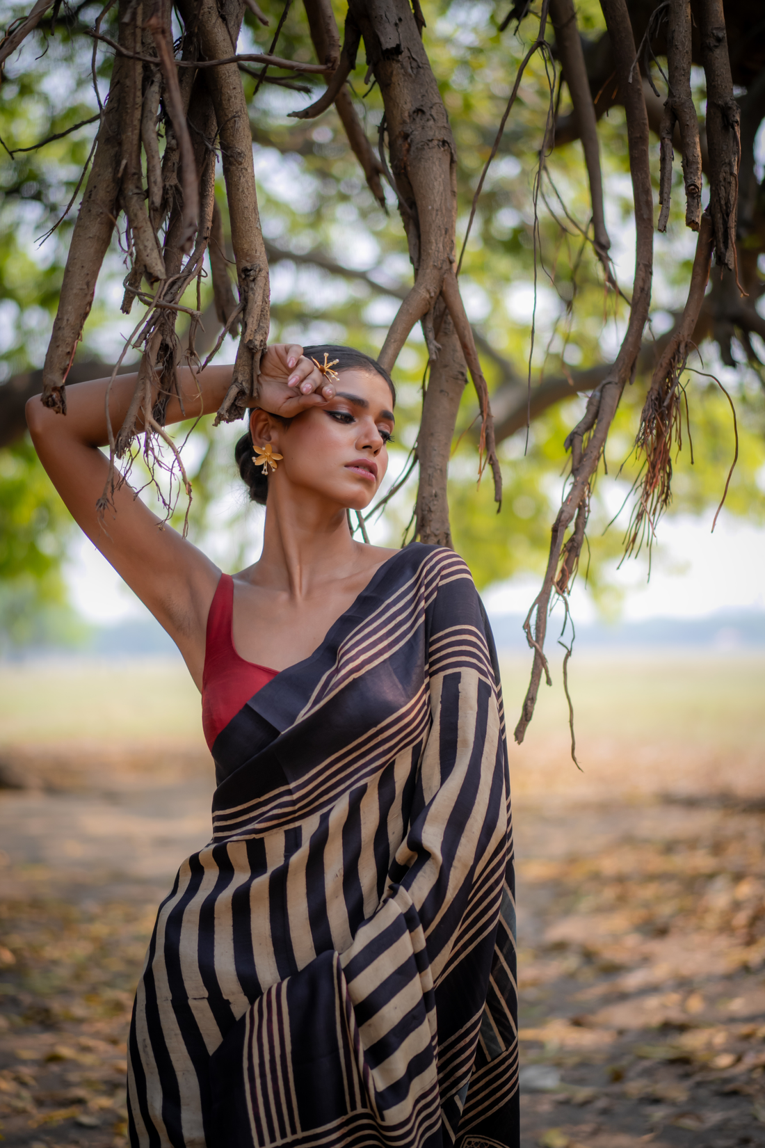 Midnight Stripe Hand Block Print Saree: A Study in Linear Sophistication