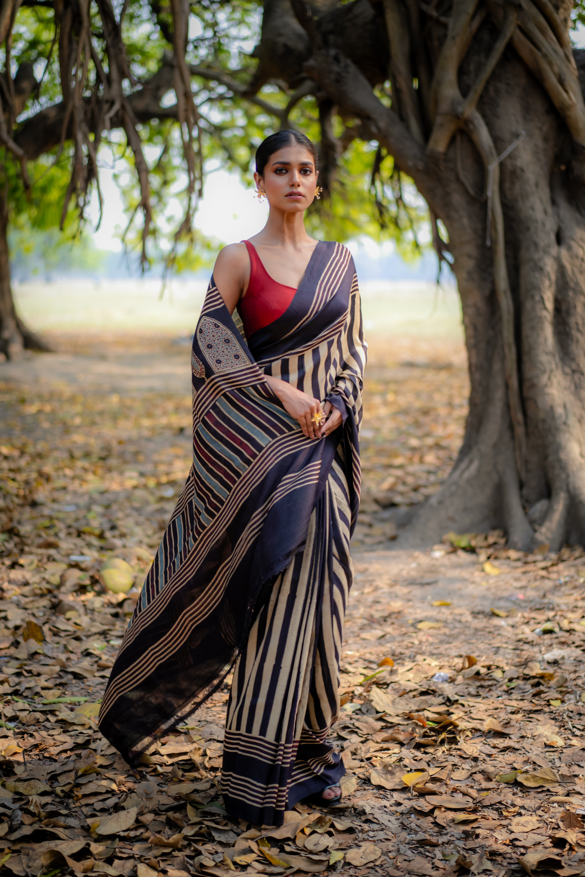 Midnight Stripe Hand Block Print Saree: A Study in Linear Sophistication