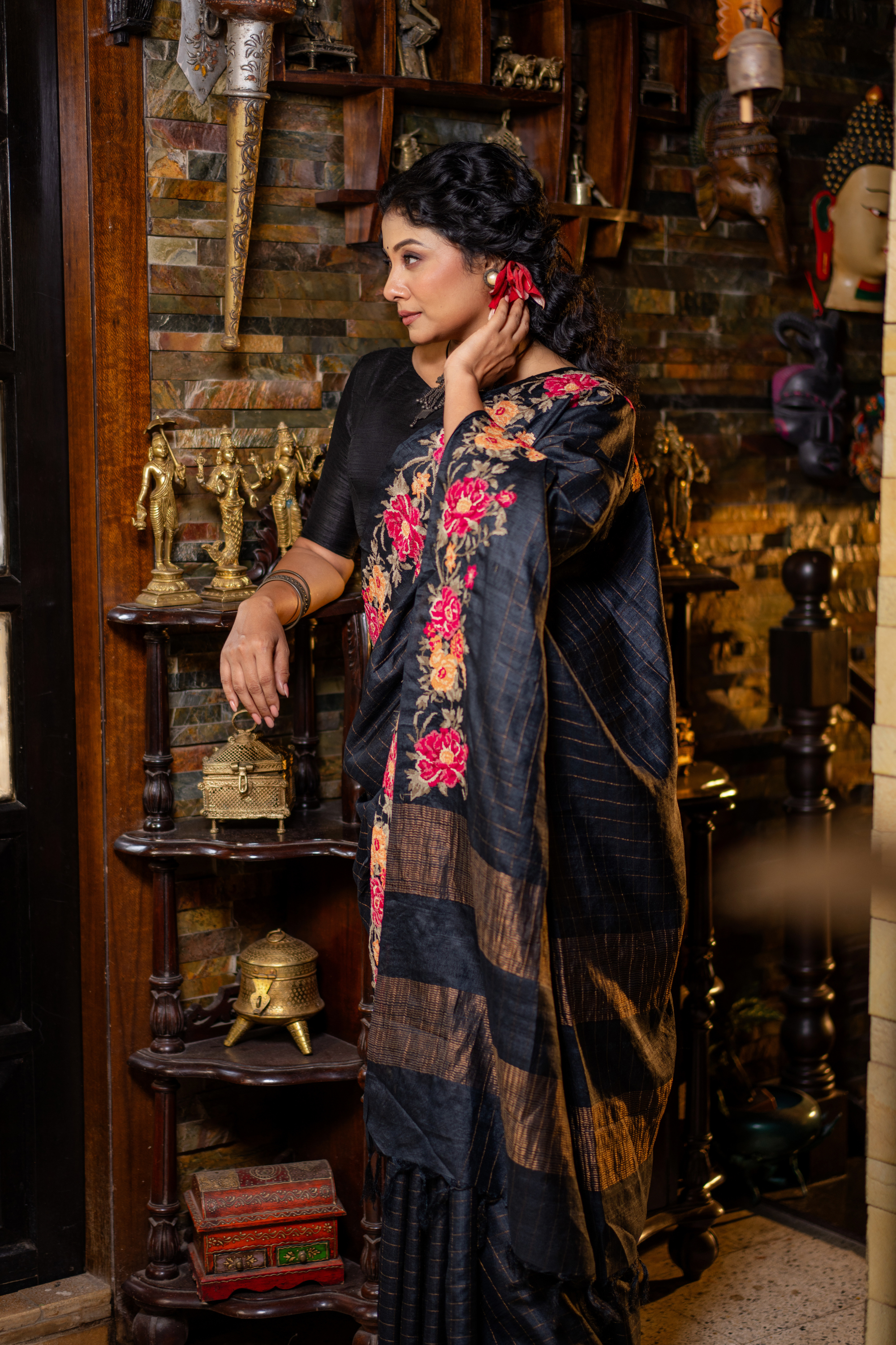 Midnight Bloom: The Bold Contrast of Hand-Embroidered Tussar