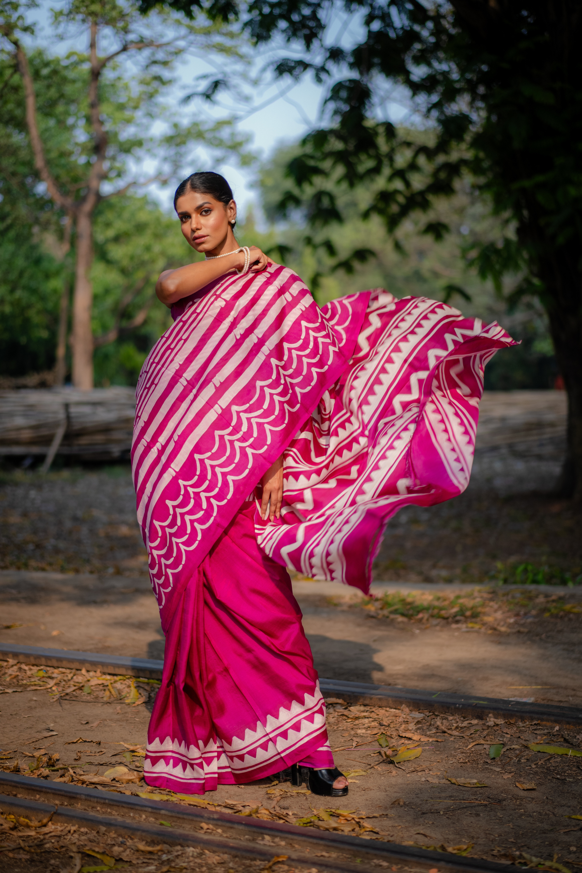 Magenta Wave Hand Block Print Saree: A Symphony of Rhythmic Color