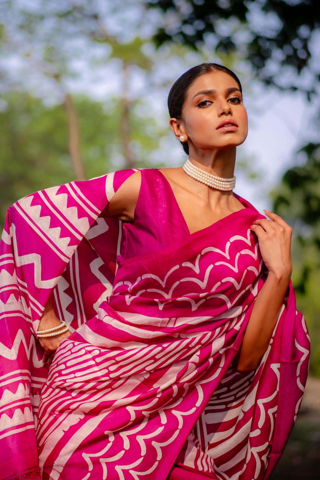 Magenta Wave Hand Block Print Saree: A Symphony of Rhythmic Color