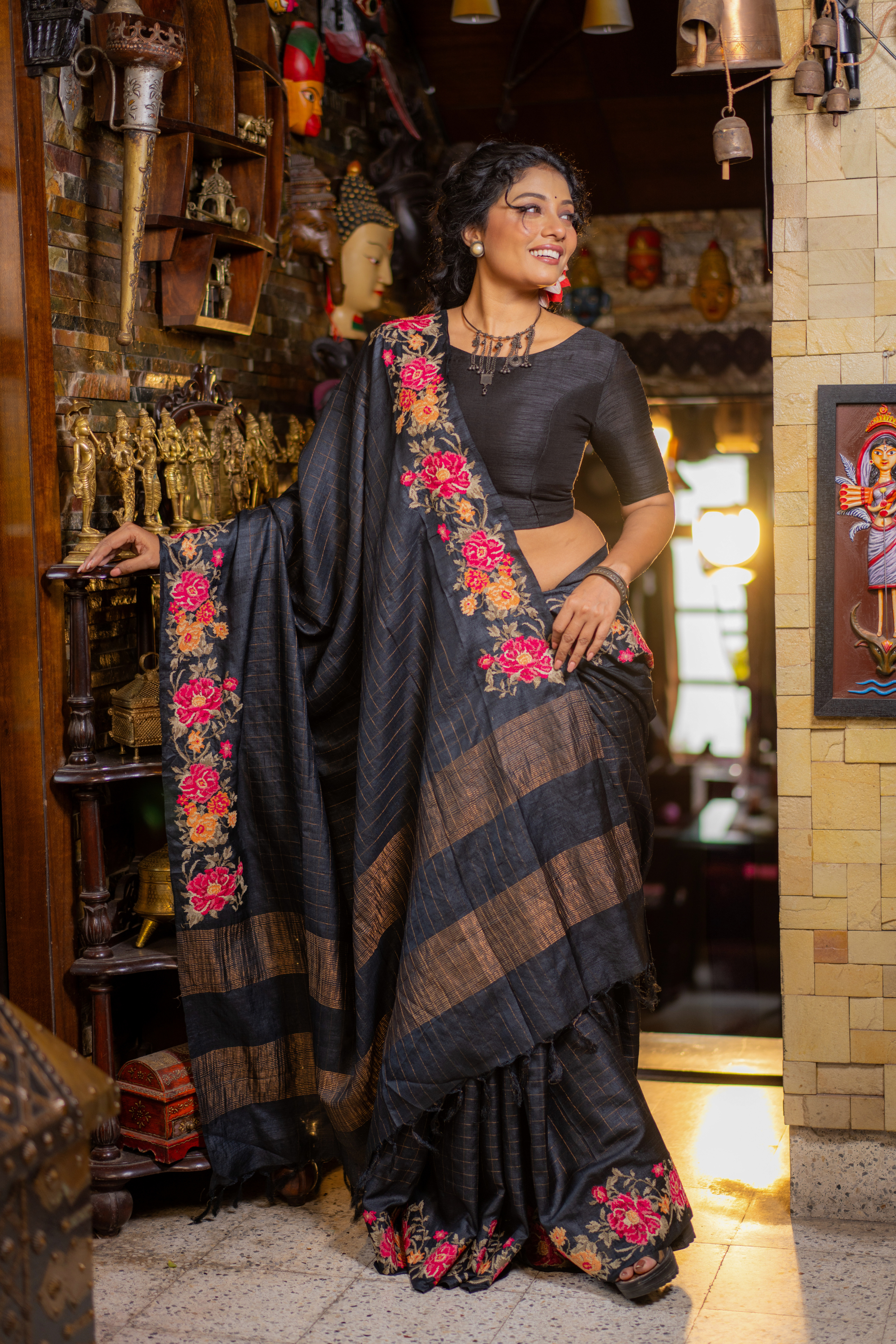 Midnight Bloom: The Bold Contrast of Hand-Embroidered Tussar